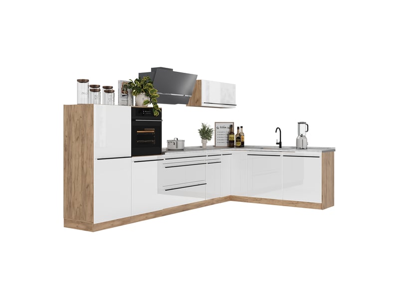  Vicco cuisine en angle, blanc haute brillancechêne doré, 347 x cm sans plan de travail  - Conforama E