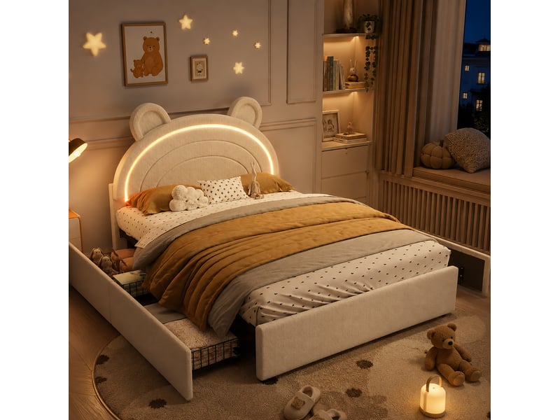 Lit enfant 140x200 cm rembourré avec led et tête de lit et 4 tiroirs beige - Conforama E