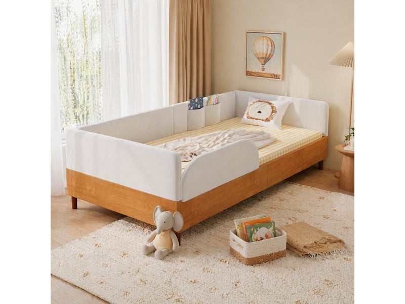  Lit enfant rembourré en velours blanc et bois naturel avec 2 poches de rangement 90 x 200 cm  - Conforama D