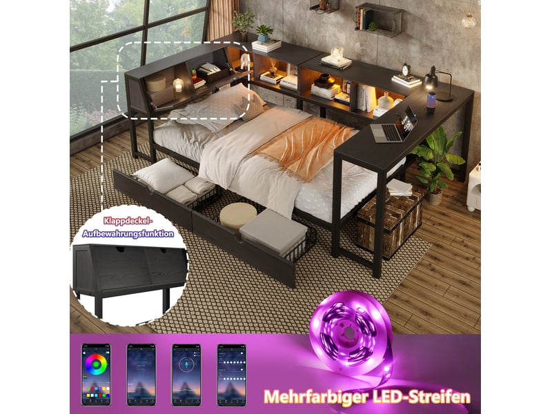 Lit simple 90 × 200 cm avec tête de lit relevable, bureau, 2 tiroirs et éclairage led pour chambre, noir - Conforama E