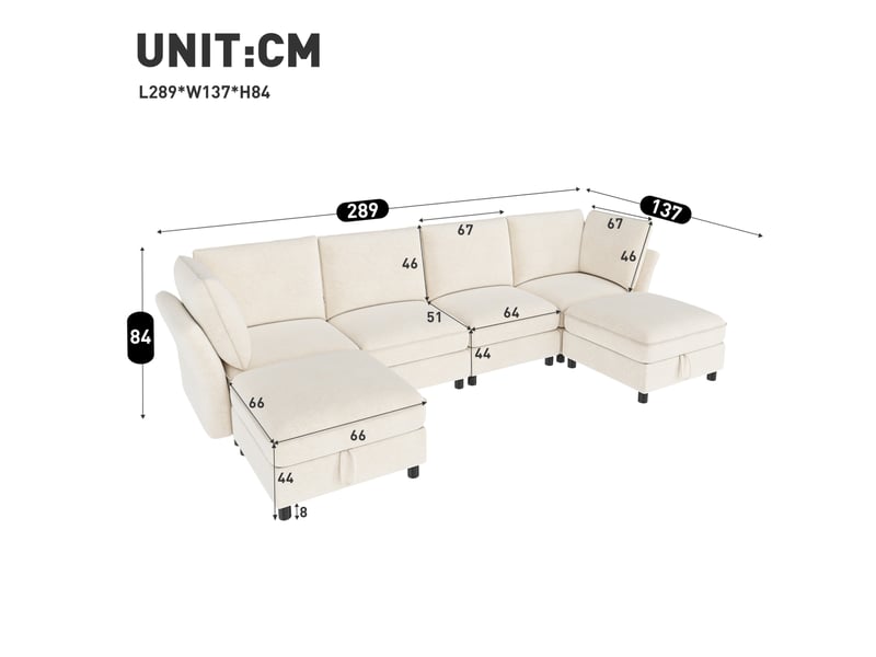  Canapé d'angle modulaire 6 places en tissu beige avec 2 poufs de rangement, composition libre en u ou l  - Conforama C