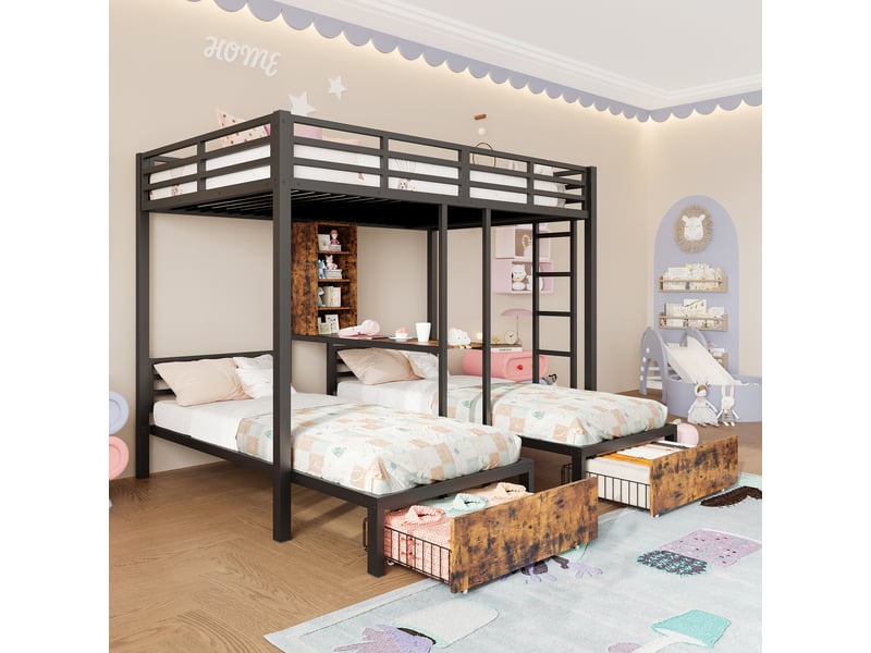  Lit superposé 3 couchages avec 2 tiroirs et étagères, métal et mdf, noir, 140 x 200 cm et 90 x 200 cm  - Conforama B