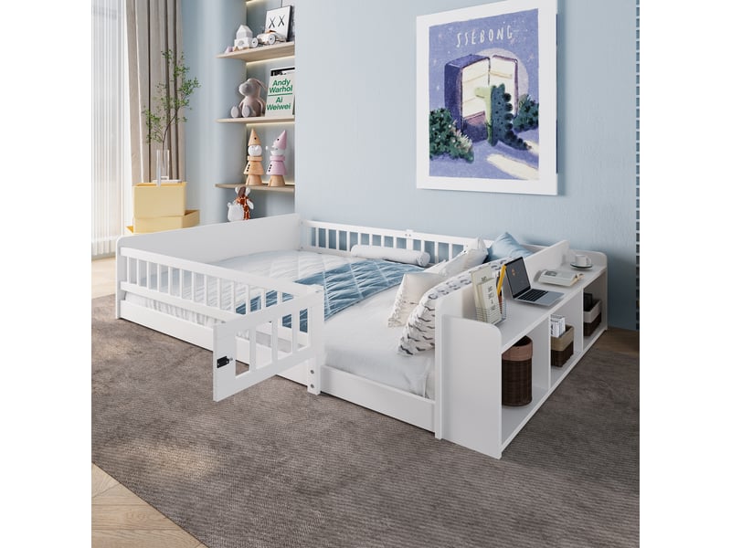  Lit enfant, 140 × 200 cm, blanc, bois de pin, rangement intégré, sans matelas, étagères de rangement, barrière ouvrante  - Conforama B