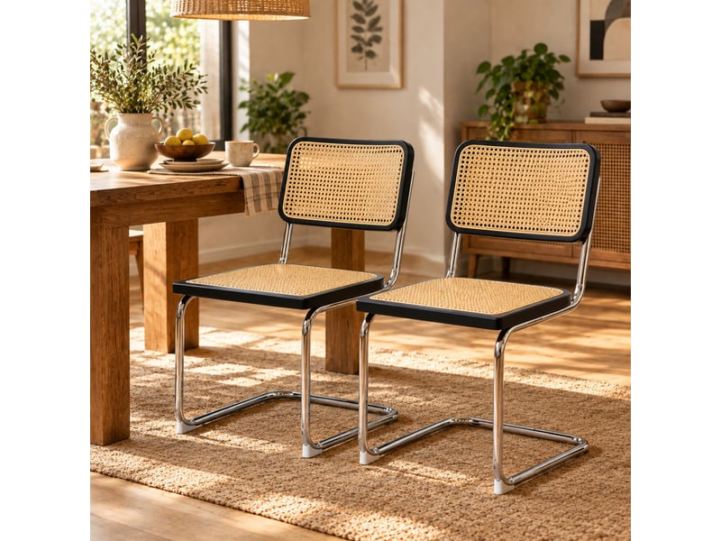  Lot de 2 chaises de salle à manger noires et bois, dossier en rotin, piètement chromé, style cantilever  - Conforama E