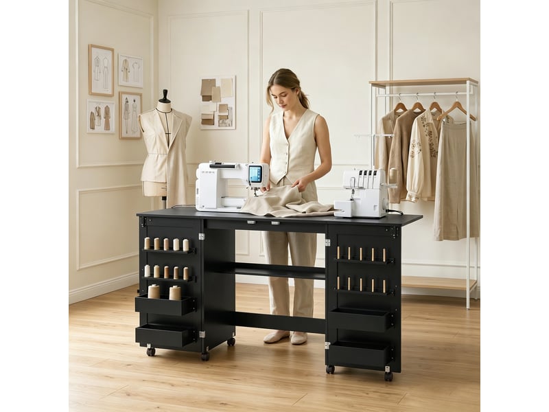  Table de couture pliable sur roulettes - 4 bacs, 20 porte-bobines, étagère - noir  - Conforama D