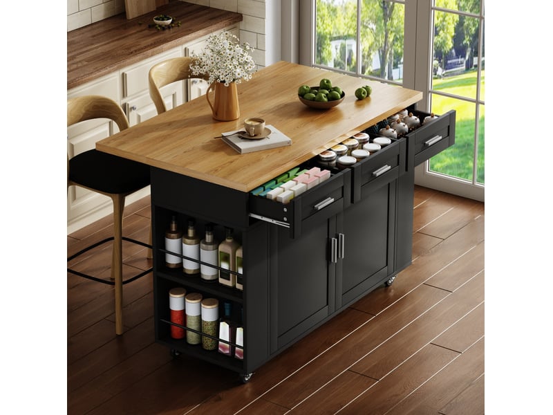  Desserte de cuisine avec 2 portes, 3 tiroirs, plan rabattable, prises et roulettes, naturelle et noire 120 × 70 × 84 cm  - Conforama E