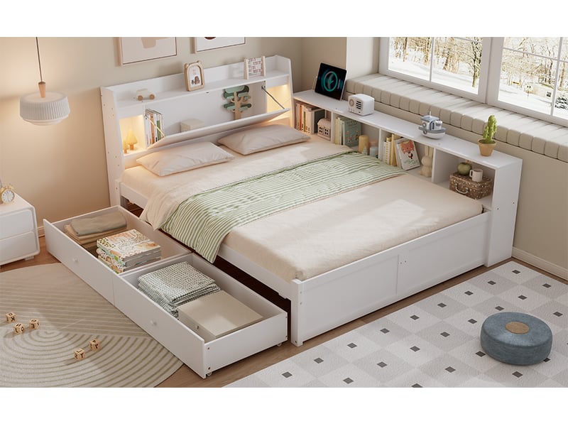Lit double avec rangement 140x200 cm - tiroirs pratiques, étagères et éclairage intégré, en mdf blanc, sans matelas - Conforama D