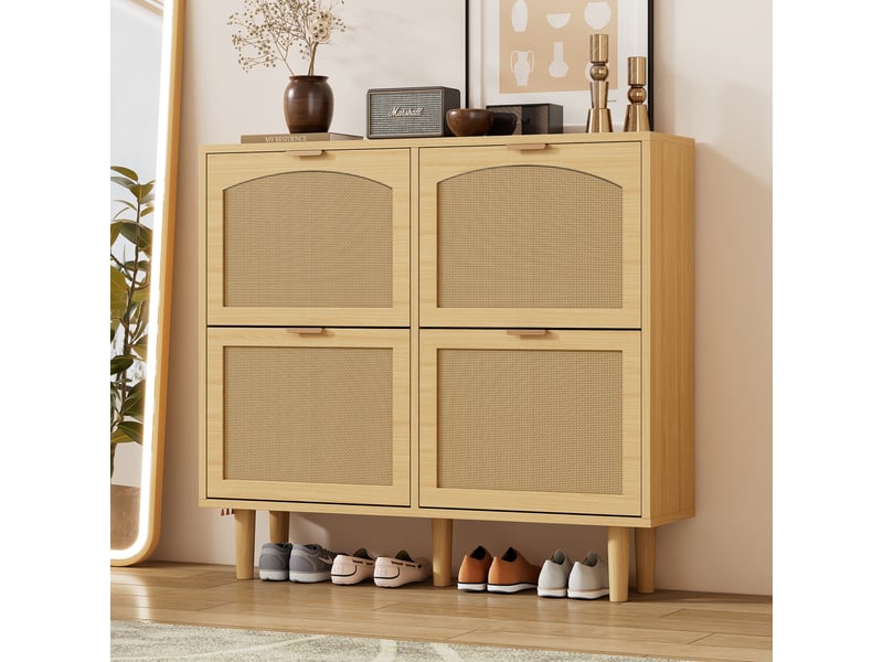  Meuble à chaussures 16 paires l100xp25xh90cm | 4 portes abattantes en cannage rotin et bois | style bohème gain de place - chêne DreamMespace - Conforama D