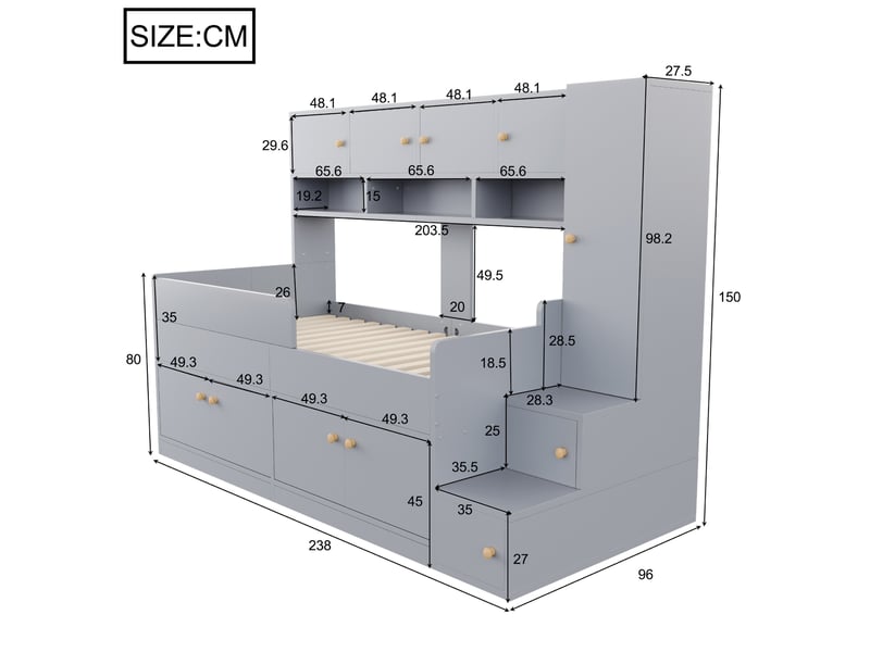 Lit avec rangement enfant 90x200 cm gris avec rangements, escalier et éclairage led - Conforama C
