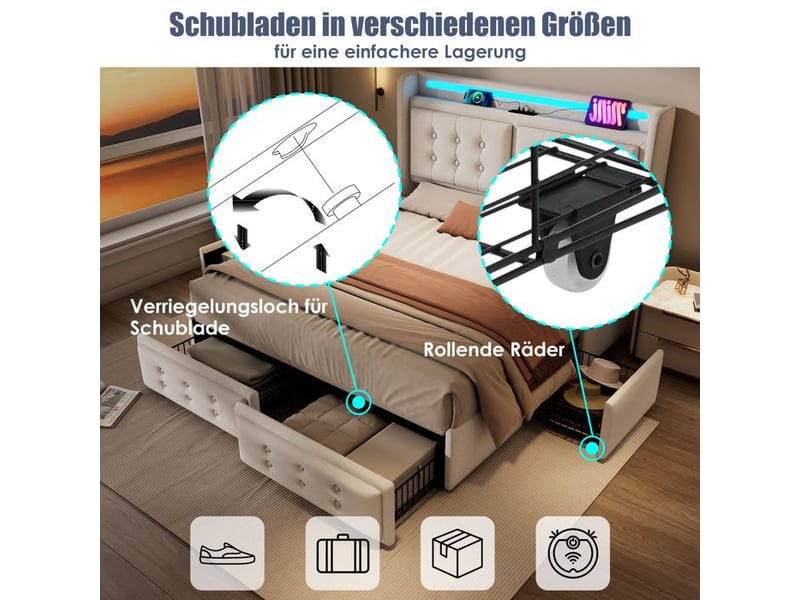  Lit rembourré 160x200 cm - beige - tête de lit led - charge usb c - 4 tiroirs  - Conforama C