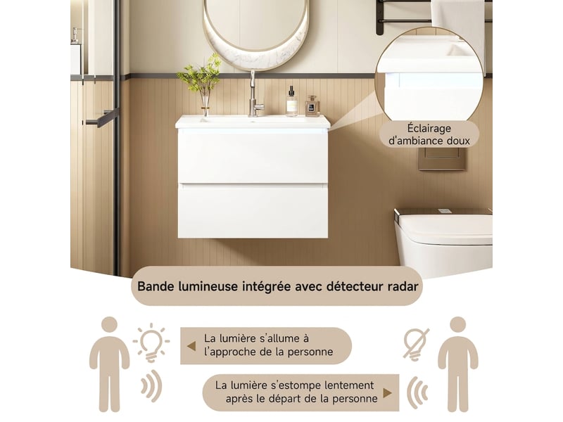  Meuble salle de bain suspendu 61 cm blanc laqué avec led capteur  - Conforama C
