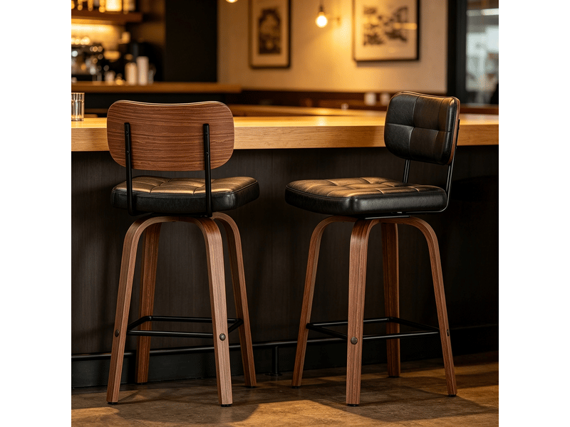  Lot de 2 tabourets de bar pivotants 360°,similicuir et bois,noir et bois foncé  - Conforama B