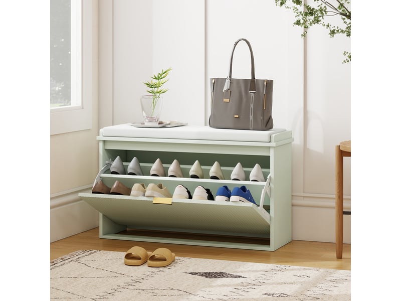  Banc à chaussures avec assise rembourrée, tiroir pliable et étagère réglable pour entrée ou chambre, 80 x 26 x 47,5 cm, vert clair  - Conforama C