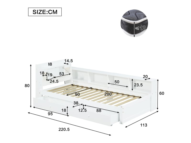  Modenvie lit 1 place avec rangement 90x200 cm - tête de lit avec étagère et prise, sans matelas - blanc  - Conforama C
