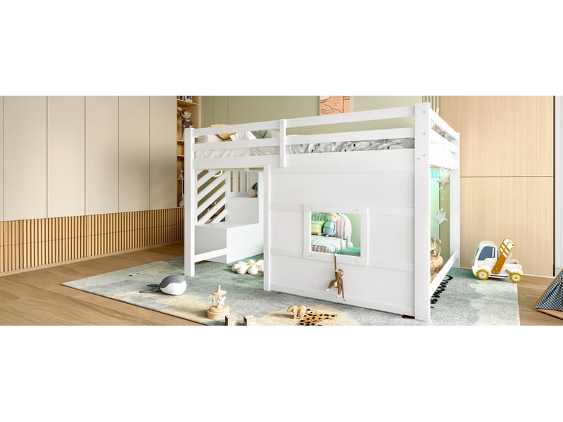  Lit superposé 140x200 avec escalier de rangement et fenêtre blanc mdf pin led sommier 15 lattes Sol Morn - Conforama B