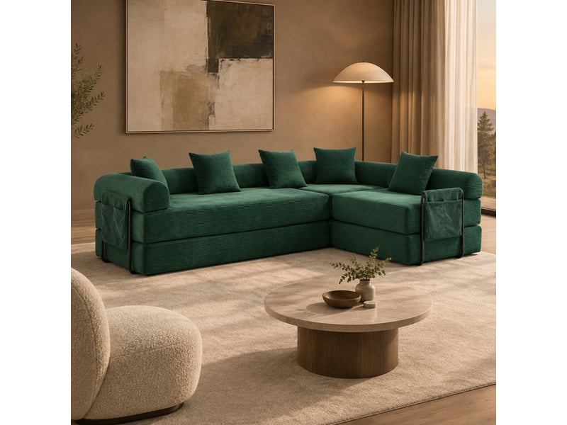  Canapé d'angle modulable 4 places en velours côtelé vert émeraude  - Conforama C