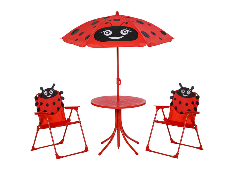  Ensemble table chaises jardin enfant, pique-nique pliable, parasol hauteur 100-125cm, motif coccinelle rouge.  - Conforama A