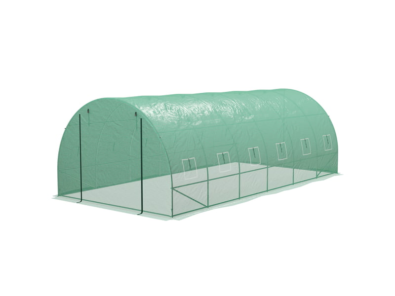  Serre tunnel 6x3x2 m avec système d'irrigation intégré, 12 fenêtres grillagées et 1 porte roulante verte  - Conforama B