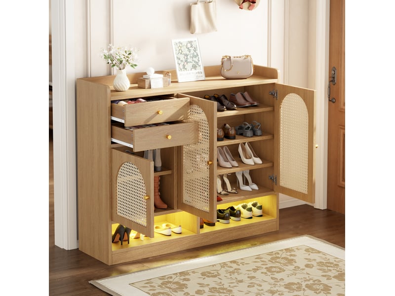  Meuble à chaussures 120 x 35 x 100 cm avec 3 portes en rotin et 2 tiroirs, led, mdf, coloris naturel, design simple  - Conforama E