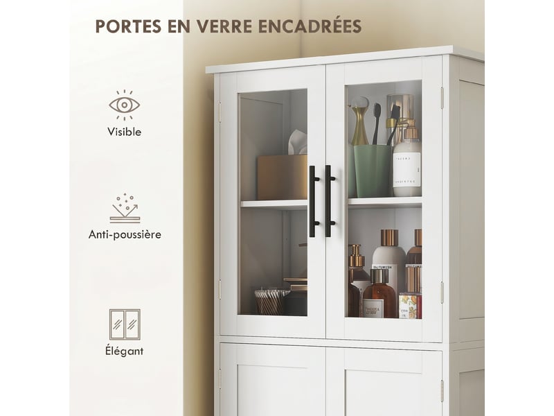  Meuble de salle de bain haut 6 niveaux, blanc, meuble de rangement avec 4 portes dont 2 vitrées et étagères réglables  - Conforama R