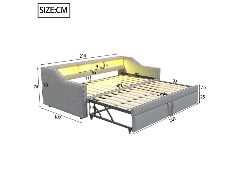 Lit enfant gigogne 90 x 200 cm, rangement latéral led et prise usb, sommier à lattes, tissu lin, gris clair sans matelas - Conforama C