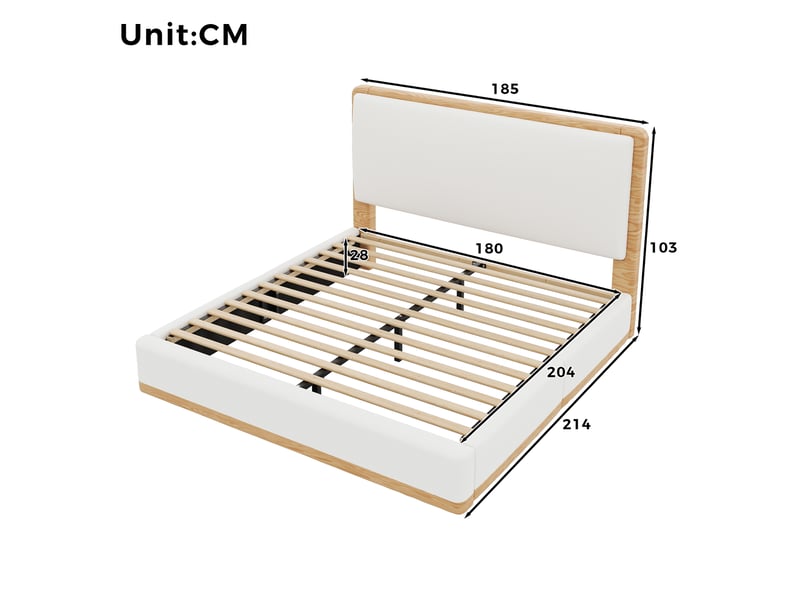 Lit double rembourré 180x200 cm avec tête de lit matelassée, sommier à lattes, revêtement teddy et pu, structure mdf, blanc et naturel - Conforama E