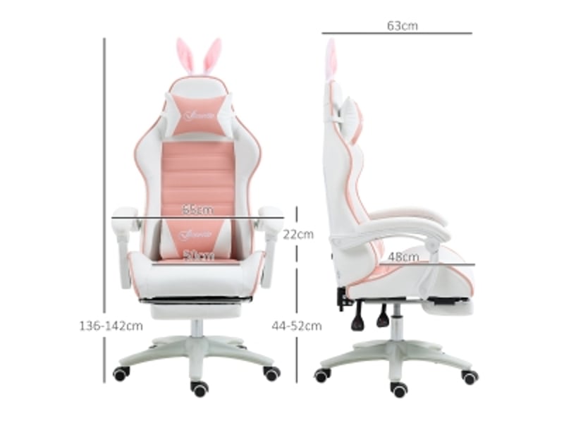  Chaise gamer rose avec oreilles de lapin, chaise ergonomique avec support lombaire et repose-pieds, hauteur réglable, 65x63x142 cm  - Conforama C