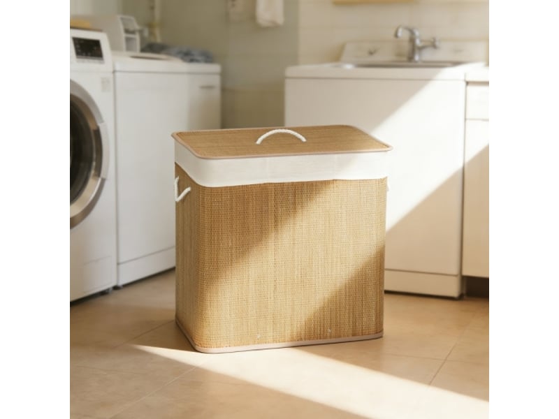  Panier à linge en bambou 144 l avec couvercle, 3 compartiments, poignées en corde et sac amovible  - Conforama D