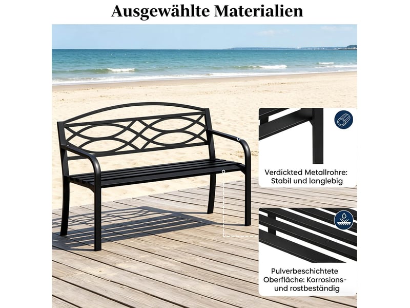  Banc de jardin en métal 127,5 x 49,5 x 83 cm – noir – dossier et accoudoirs confortables  - Conforama E