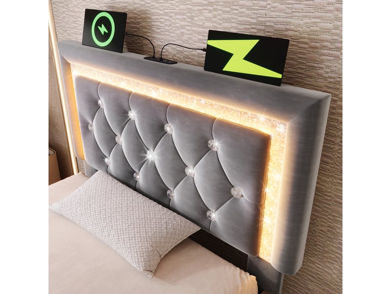  Modenvie lit coffre 90x200 cm - tête capitonnée avec led, ports usb et usb-c - avec matelas - gris  - Conforama E