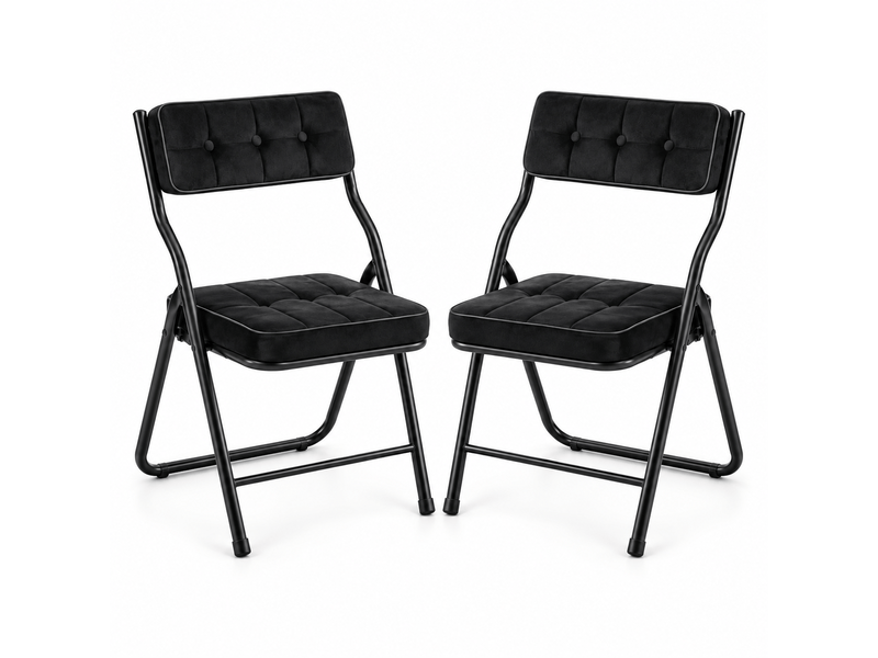Lot de 2 chaises pliantes rembourrées 46x47x80 cm, sans montage, dossier incurvé 110°, assise en velours, structure acier renforcée, noir - Conforama A