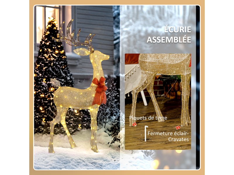  Renne de noël lumineux, décoration renne lumineux noël en acier, avec 137 led blanc chaud, 66 x 25 x 135 cm, or  - Conforama W