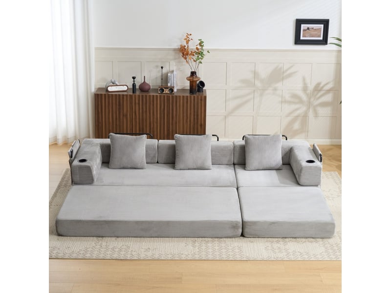 Canapé conversion au sol - sofa convertible et lit convertible en tissu velours gris clair, avec soutien-dos en oreiller, accoudoirs et rangement latéral, pour salon et chambre - Conforama D