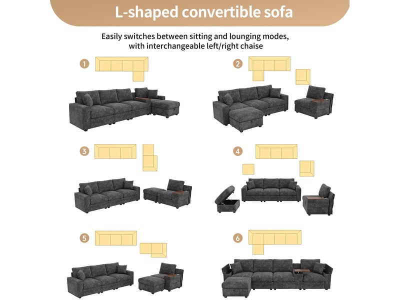  Canapé modulaire d'angle 313x147 cm – gris – ottoman, rangements et table pivotante usbtype-c  - Conforama E