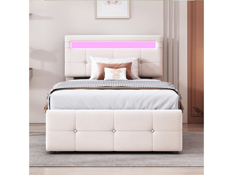 Lit enfant coffre rembourré 90 x 200 cm avec led, rangement hydraulique et tête de lit réglable, velours beige Fay Lum - Conforama D