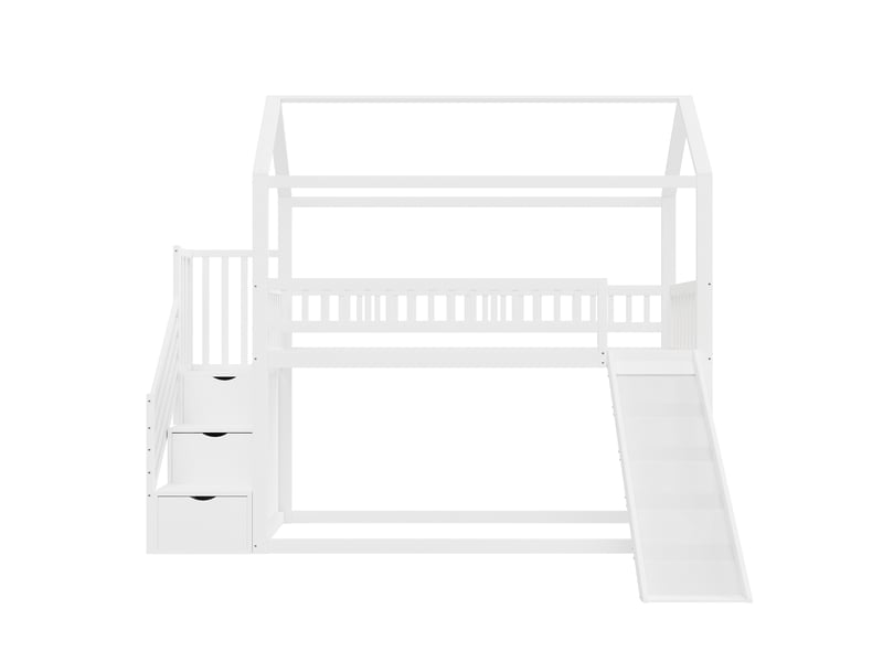  Lit superposé enfant 90x200 cm, bois massif blanc, toboggan, escalier avec rangement et barrières hautes  - Conforama A