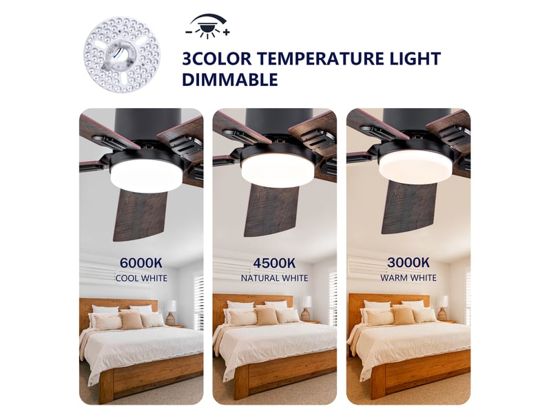  Ventilateur de plafond 42 pouces avec télécommande, led dimmable 3 températures, moteur dc silencieux réversible, noir  - Conforama D