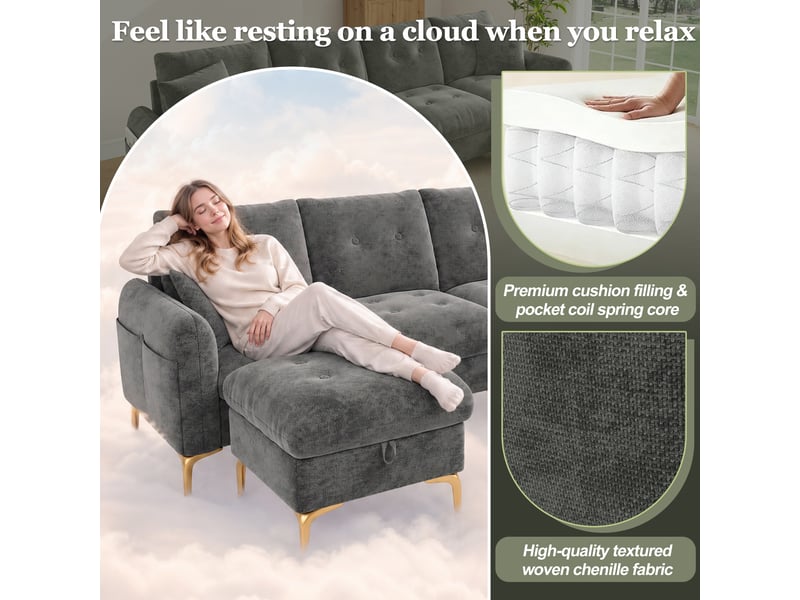 Canapé droit 4 places, canapé d'angle modulaire en u avec 2 poufs à rangement et 2 coussins déco, chenille gris - Conforama D