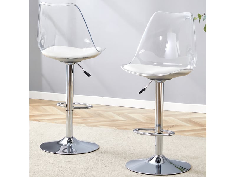  Lot de 2 tabourets de bar transparents avec dossier, réglables en hauteur et pivotants à 360°, assise pu blanc, pieds métal argenté  - Conforama B