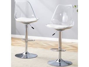 Lot de 2 tabourets de bar transparents avec dossier, réglables en hauteur et pivotants à 360°, assise pu blanc, pieds métal argenté