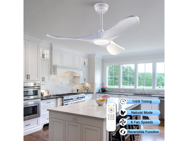  Ventilateur de plafond 107 cm éclairage led 3 couleurs dimmable 3 pales bois massif blanc réversible 6 vitesses télécommande  - Conforama D