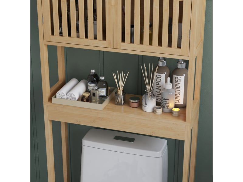  Meuble étagère dessus wc - 2 portes, 2 étagères - mdf naturel bois bambou verni  - Conforama D