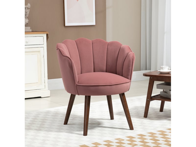  Fauteuil avec accoudoirs et dossier en forme de lotus, assise rembourrée, pieds en bois d’hévéa, polyester rose  - Conforama B