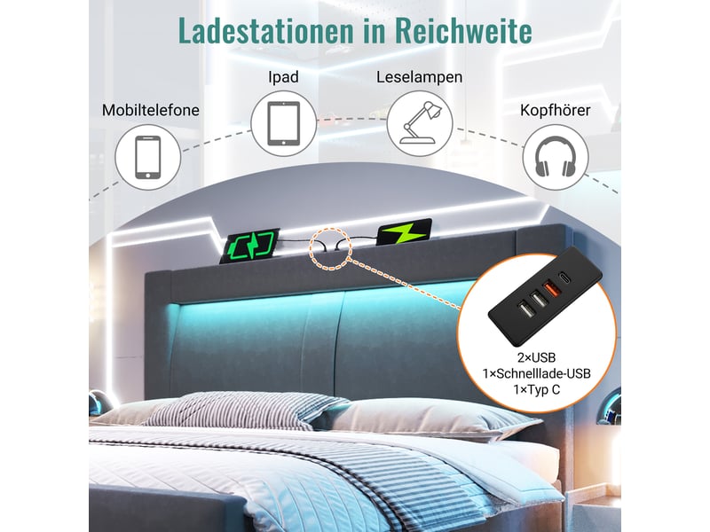  Lit adulte 160 x 200 cm coffre hydraulique, éclairage led pilotable via appli, tête de lit en velours gris, sans matelas  - Conforama E
