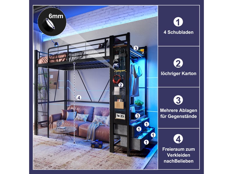 Lit mezzanine 90 x 200cm, structure métal, 4 tiroirs, étagères, led, usb type-c, échelle, sans matelas, noir  - Conforama D
