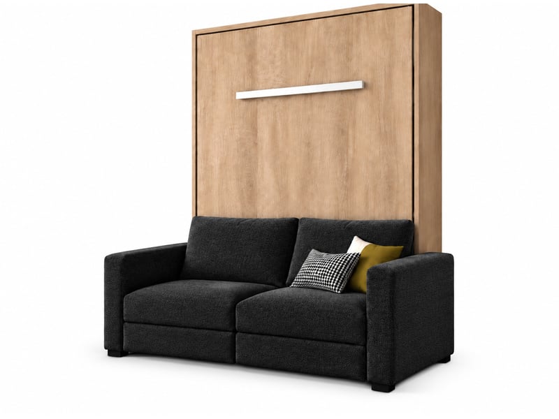  Lit escamotable vertical kimber avec canapé tissu intégré – le salon le jour, un vrai lit la nuit-120x200-cadre chêne clair-façade chêne clair-canapé noir  - Conforama A