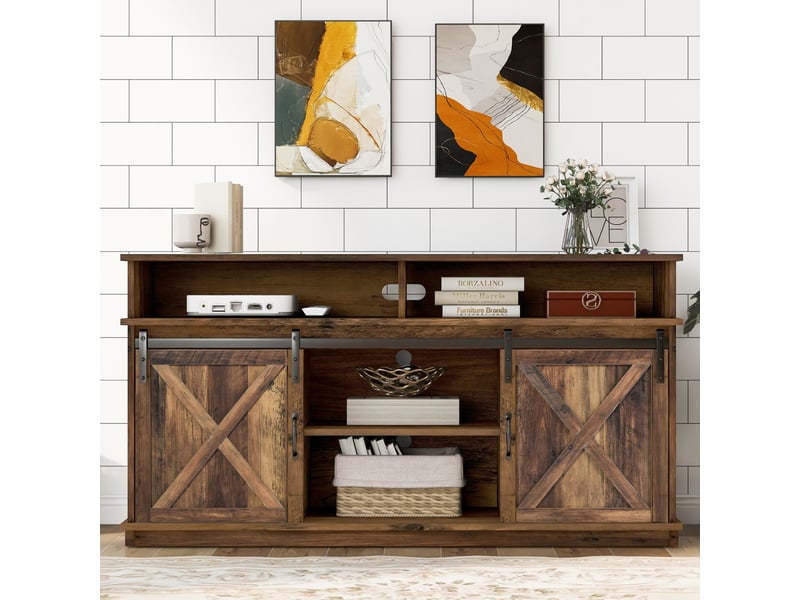  Meuble tv 148 x 40 x 78 cm, portes coulissantes, rangements, marron rustique  - Conforama E