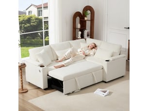 Canapé d’angle convertible l 45 places 206,5x141x86 cm avec coffre de rangement, fonction lit, méridienne fixe droite, porte-gobelets, usb, étagères d’accoudoirs, coussins - beige