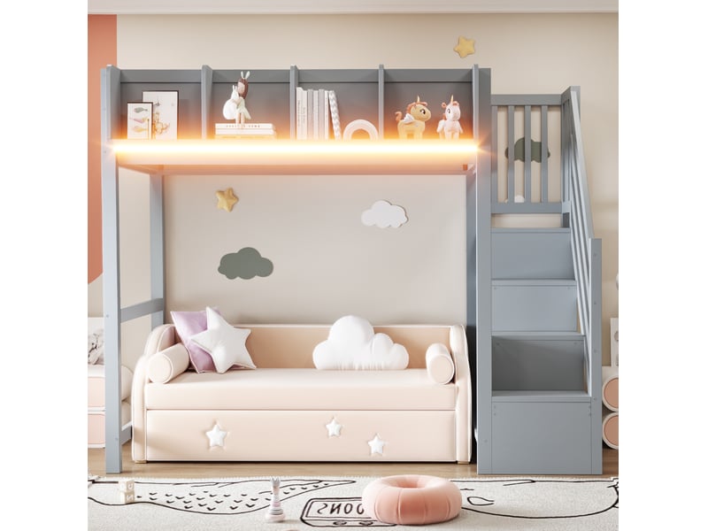  Lit mezzanine enfant 90x200 cm – gris – led, étagères ouvertes et échelle latérale - sans matelas  - Conforama B
