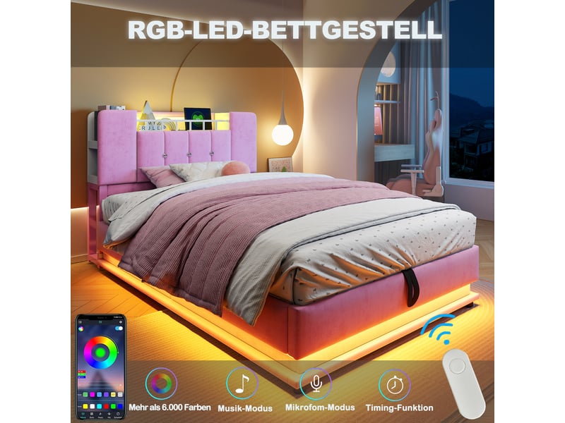  Lit coffre enfant simple 90×200 cm led et usb - okmyhome- en velours rose, rangement tête de lit, sans matelas  - Conforama E